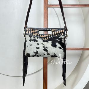Nouveauté 2026 Sac à main à franges en cuir de vachette à poils occidentaux Sac à main à poignée supérieure en cuir véritable à carreaux Sac bandoulière pour femmes - Product Image 1