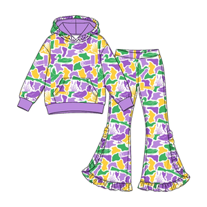 Précommande Ensemble 2 pièces à manches longues pour bébés et petites filles, imprimé camouflage Mardi Gras, tenues de boutique pour le printemps - Product Image 4
