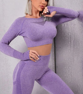 Haut court de sport d'entraînement de gymnastique pour femmes et soutien-gorge de sport à une épaule à dos haut côtelé sans couture motif solide 2 pièces ensemble décontracté - Product Image 4