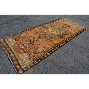 Vintage Turkish Classic Large Area Rug 5' X 11' <b>Brown</b> & Beige Patchwork Design <b>Wool</b> Material Latex Backing for Teen Living Room - Product Image 3