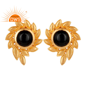Dernière conception faite à la main 18K plaqué or naturel noir Onyx pierre précieuse boucle d'oreille Demi fabricant de bijoux fins - Product Image 1