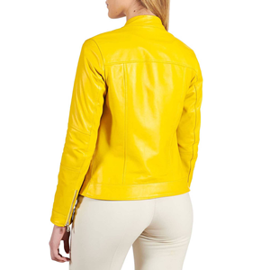 Veste de mode pour femmes haut de gamme en cuir de mouton classique Appel de moto avec col montant et contour mince ajusté - Product Image 2