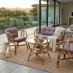 Natural Polished <b>Rattan</b> Outdoor Garden Furniture Set <b>Sofa</b> Armchairs Glass Coffee Table Patio Setup Room Decor Art Pure Design - Product Image 5