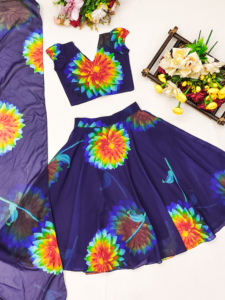 Ensemble Lehenga Choli pour enfants Shoryam Fashion en organza bleu, chemisier à volants, imprimé floral, longueur au sol, vêtements ethniques, mariage/fête pour filles - Product Image 2