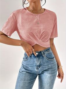 Camiseta Corta de Moda Urbana para Mujer, Venta al por Mayor, Camiseta Corta Informal de Manga Corta para Mujer, Camiseta de Verano Ajustada de Algodón Suave - Product Image 5