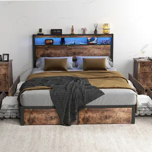 เตียงโลหะสไตล์ Full / King / Queen ขนาดบ้านไร่พร้อมไฟ USB และ RGB