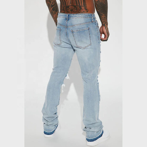 High Street Retro Fashion Washed <b>Jean</b> <b>Men's</b> Distressed <b>Ripped</b> Off Wide Leg <b>Jeans</b> Raw Edge Flare <b>Jeans</b> - Product Image 3