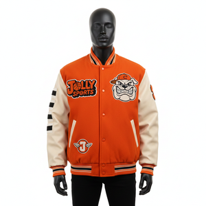 Chaqueta Universitaria para Hombre, Mezcla de Lana Gruesa, Diseño de Paneles en Naranja Crema, Mangas de Cuero PU, Chaquetas Universitarias Personalizadas con Bordado Tackle Twill - Product Image 1