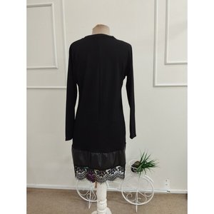 Vestido Modal Corto con Cuello Ciclista y Detalles de Cuero y Tul en el Bajo de la Falda, Manga Larga para Mujer, 38483 - Negro - Product Image 6