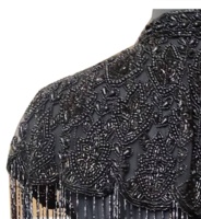 Clásico Exclusivo Vintage Negro Bordado a Mano con Cuentas y Lentejuelas, Flecos Densos, Malla Transpirable, Ecológico, Talla Grande, Primavera