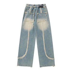 Prix raisonnable délavé personnalisé de haute qualité vintage vieux jean à bord brut, jean ample droit respirant à jambes larges pour hommes - Product Image 3