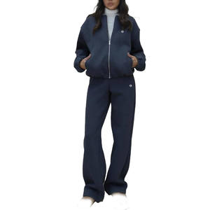 Ensemble de survêtement en polaire à fermeture éclair intégrale pour femmes, pantalon à jambe droite décontracté, vêtements de détente thermiques doux pour l'hiver, pour la vente en gros en marque privée - Product Image 1