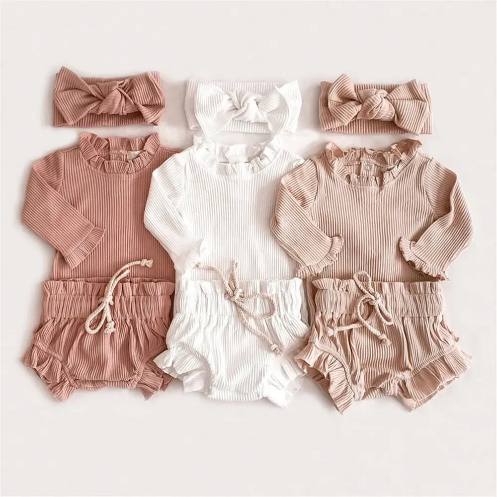 2023 Factory Custom Logo 100% Organic Cotton Rib Baby Clothing Set Ruffle Infant Baby Bloomers Pajamas Baby Set