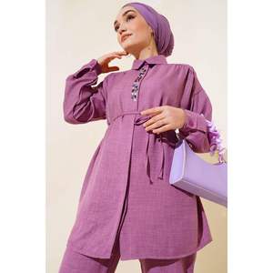 ชุด2ชิ้นสีม่วงแดงของผู้หญิงผ้าลินินปักด้วยหินเก๋ไก๋และมีสไตล์ - Product Image 1