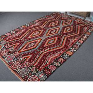 Alfombra Turca Vintage Grande de 6.4x10.7 pies, Alfombra de Lana a Rayas Roja y Naranja - Product Image 2