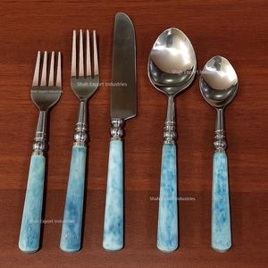 Juego de cubiertos de acero inoxidable elegante de lujo moderno de primera calidad, juego de cubiertos de boda para el hogar con mango de hueso azul marino plateado - Product Image 5