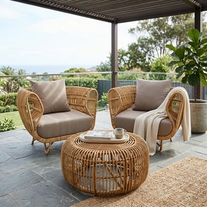 Natural Polished Rattan Garden Furniture Set Woven Armchairs <b>Round</b> Coffee <b>Table</b> <b>Patio</b> Setup Room Decor Art Pure Design - Product Image 3
