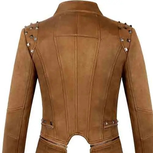 Veste de motard en peau de mouton respirante pour femme, personnalisée, en coton tricoté, avec rivets et clous, coupe ajustée, vente en gros - Product Image 4