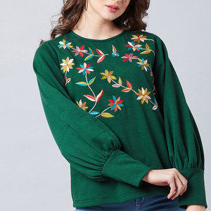 Suéter de Punto con Mangas Farol y Bordado Floral Verde para Mujer, Cuello Redondo, Estilo Casual de Primavera - Product Image 1