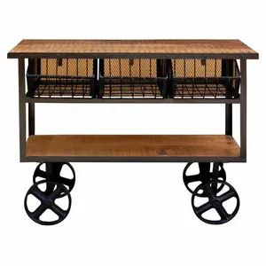 Industrial Iron & Wooden Metal Cage Three Storage Drawers Solid Mango Wooden Top One Shelve Living Hall Console Table On Wheels