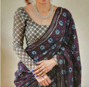Sari de Algodón Chanderi Marrón Tejido a Mano con Blusa Kalamkari en Contraste, Sari Digital para Fiestas de Verano - Product Image 4