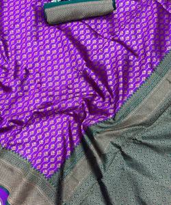 ผ้าไหมลิ้นจี่ทันสมัย งานทอแบบบานาราซี ผ้าส่าหรีแบบยังไม่เย็บติดเสื้อ สำหรับงานเทศกาล งานปาร์ตี้ ราคาขายส่ง ชุดพื้นเมือง สีม่วง - Product Image 4