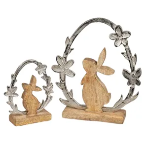 芒果木和铝制成的鸡蛋中兔子的最佳价值套装2复活节装饰礼品项目复活节兔子雕塑物品
