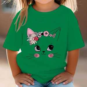 Camiseta de algodón 100% para niños de manga corta OEM personalizado cuello redondo estampado de gato transpirable Jersey estilo Casual - Product Image 2