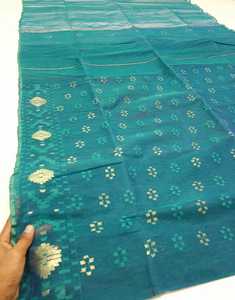 Exclusiva calidad de exportación VERDE Deshi Dhakai Jamdani Sharee para mujeres JAMDANI FABRIC Blue Golden Sky Blue de Bangladesh - Product Image 2