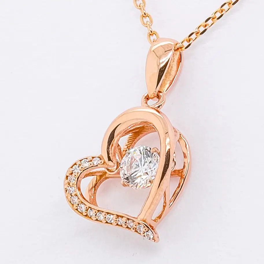 Vietnam Anniversary Link Chain Claw Setting Elegant Lady Real 18K Rose Cubic Gold Heart Jewelry Women Pendant Necklace