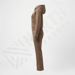 Conjunto de Dos Piezas para Mujer, Sudadera con Capucha y Cremallera de Algodón Grueso con Logotipo Personalizado, Pantalones Deportivos de Pierna Recta y Corte Recto, Lavado Ácido, Estilo Casual, Nuevo - Product Image 3