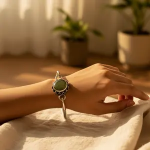 "925 <b>Silver</b> Green Stone <b>Women's</b> Daily Wear Bangle <b>Bracelet</b>" - Product Image 1