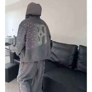 New Arrival Acid <b>Wash</b> Streetwear Heavyweight Solid Warm Winter High Quality Custom Logo Cotton Rhinestone Tracksuit - Product Image 4