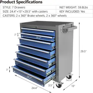 Neatly 7-Drawer Steel Tool Cabinet Multifunctional Rolling Tool Box With Key Locking Cabinet Type On Wheels