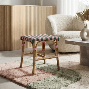 Handcrafted Rattan Pouf <b>Stool</b> Woven Brown Synthetic Strap Seat Bistro Ottoman <b>Vanity</b> Chair Indoor Outdoor Modern Portable - Product Image 5