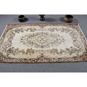 พรมขนแกะสไตล์ตุรกีโบราณสีเบจสีน้ำตาล4x7ft วินเทจสำหรับห้องโถงห้องนอนยางสำหรับห้องนั่งเล่น - Product Image 3