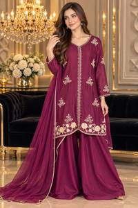 Embroidered Churidar Plazo Suit Chiffon Dupatta Traditional Dress <b>Wedding</b> Festival Wear Buttersilk Pure Stuff Handwork Wrinkle - Product Image 6