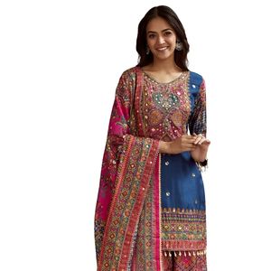 Abito blu stampato Kurta Palazzo con pizzo e paillettes Dupatta all'ingrosso donna abbigliamento etnico OEM fabbrica alla rinfusa - Product Image 2