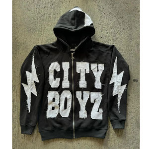 Sweat à capuche unisexe en coton épais 500gsm lavé à l'acide avec patch brodé doublé de satin zippé pour l'hiver - Product Image 2