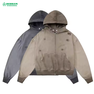Top vente entièrement personnalisé plaine sweat à capuche zippé en détresse soleil délavé coton français éponge fermeture éclair sweats à capuche et sweat-shirts - Product Image 4