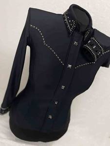 Chemise de spectacle western Cowgirl faite à la main en tissu taffetas extensible noir pour l'équitation - Product Image 5