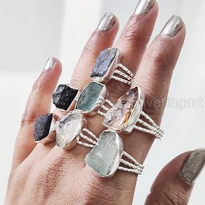 Anillo de Piedras Preciosas en Bruto para Mujer, Esmeralda Natural, Zafiro, Tanzanita, Herkimer, Joyería de Plata de Ley 925 - Product Image 5