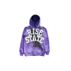 Sweat à capuche personnalisé pour homme, éco-responsable, avec logo brodé, lettres délavées, en molleton bouclette, fermeture éclair, effet usé, délavage acide, coupe ample, automne - Product Image 2