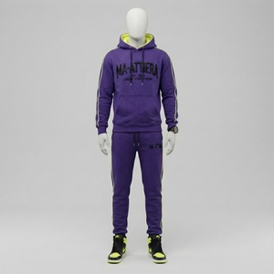 <b>Men</b> Purple Hoodie Tracksuit Set Lime Green Lining Side Stripes <b>Pullover</b> Sweatshirt Jogger Pant Sportswear Gym Fitness Activewear - Product Image 4