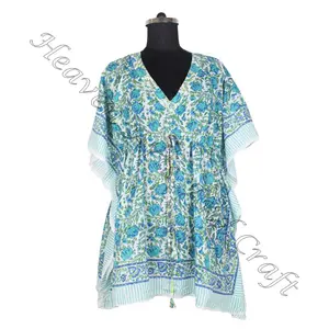 Beautiful Summer Hand Block Printed Short Kaftan Dress Crafted With Pure Breathable Cotton Perfect Night Wear For Cozy Nights
