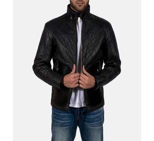 Mans Equilibrium Black Bikers Fashion Jacket with a Collar Style of High -neck with Belt with Leather Finish of Semi Aniline - Product Image 2