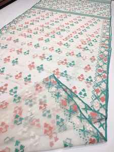 Exclusif Deshi Dhakai Jamdani Orange Sharee Qualité d'exportation pour les femmes JAMDANI FABRIC Bleu ROUGE VERT Doré du Bangladesh - Product Image 4