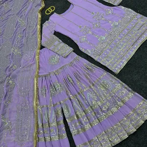 FULPARI Indian Supplier Of Premium Quality Designer three pc set With Embroidery Work Kurti and Palazzo set with dupatta