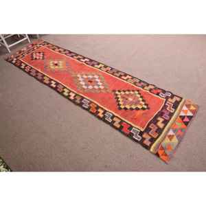 3x10.8 ft Vintage Rug, Turkish <b>Runner</b> Rug, <b>Red</b> Solid Wool Rug - Product Image 3