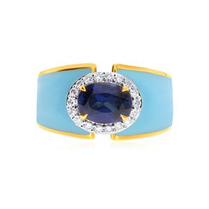 Anillo de Oro de 18K con Zafiro y Diamantes, Corte Ovalado, Zafiro Azul, Diamantes Engastados en Pavé, Banda de Esmalte Azul Claro, Anillo de Declaración para Mujer - Product Image 3
